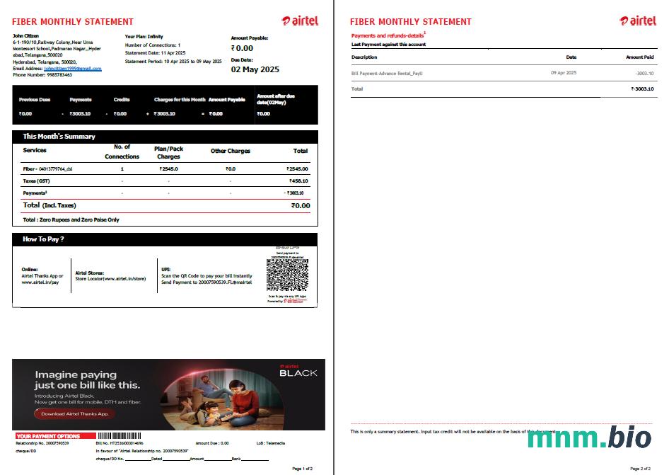 Szablon India Airtel rachunek za media w formatach Word i PDF, 2 strony, Wersja 4